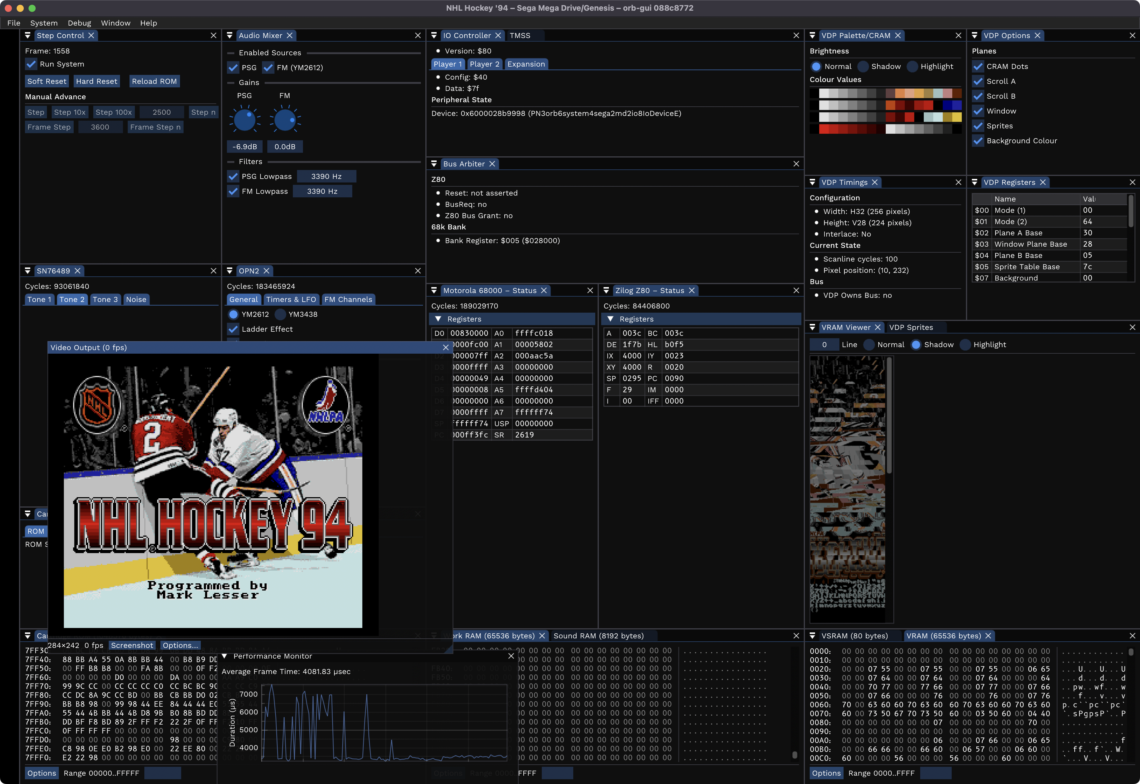 Screenshot of the Orb emulator showing the best sports video game ever created (NHL '94)